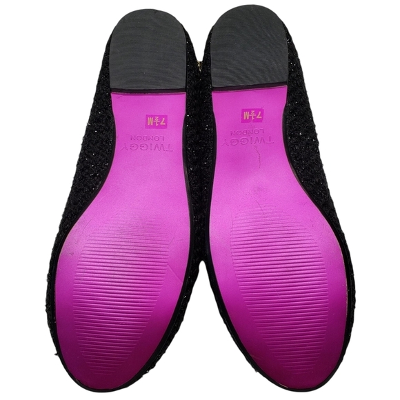 Twiggy London | Black Sparkle Tweed Round Toe Gold Slip On Flats Women's 7.5 - Picture 10 of 11